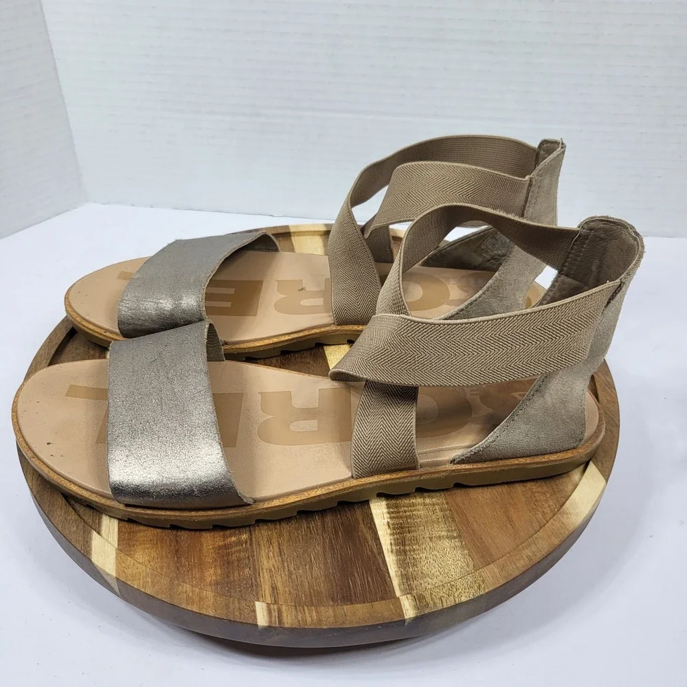 Sorel Ella II Metallic Sage Green Stretch Strap Sandals‎ NL4053-240 Womens 9.5